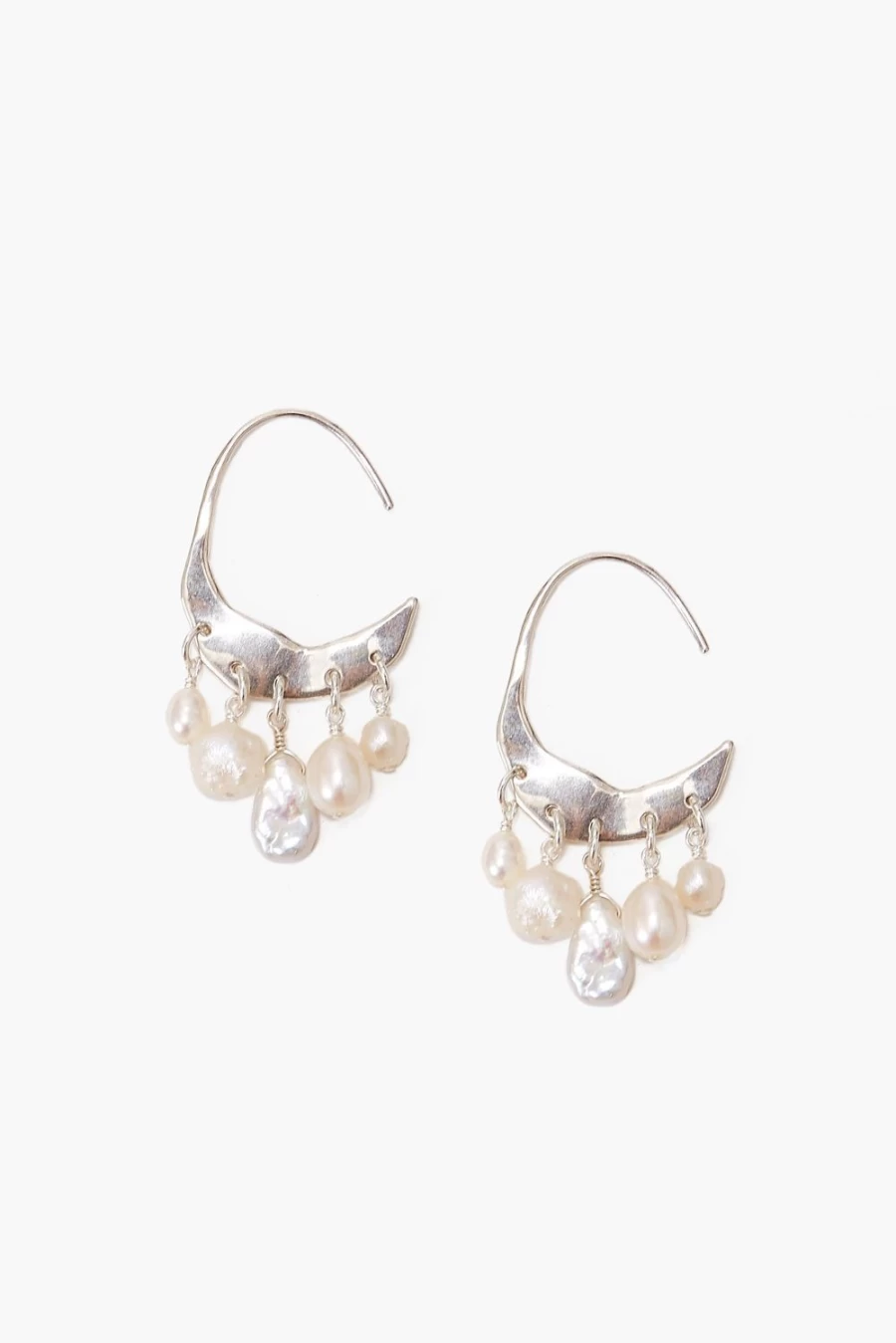 Chan Luu Women's Petite Crescent Hoop Earrings with White Pearls and Silver Finish