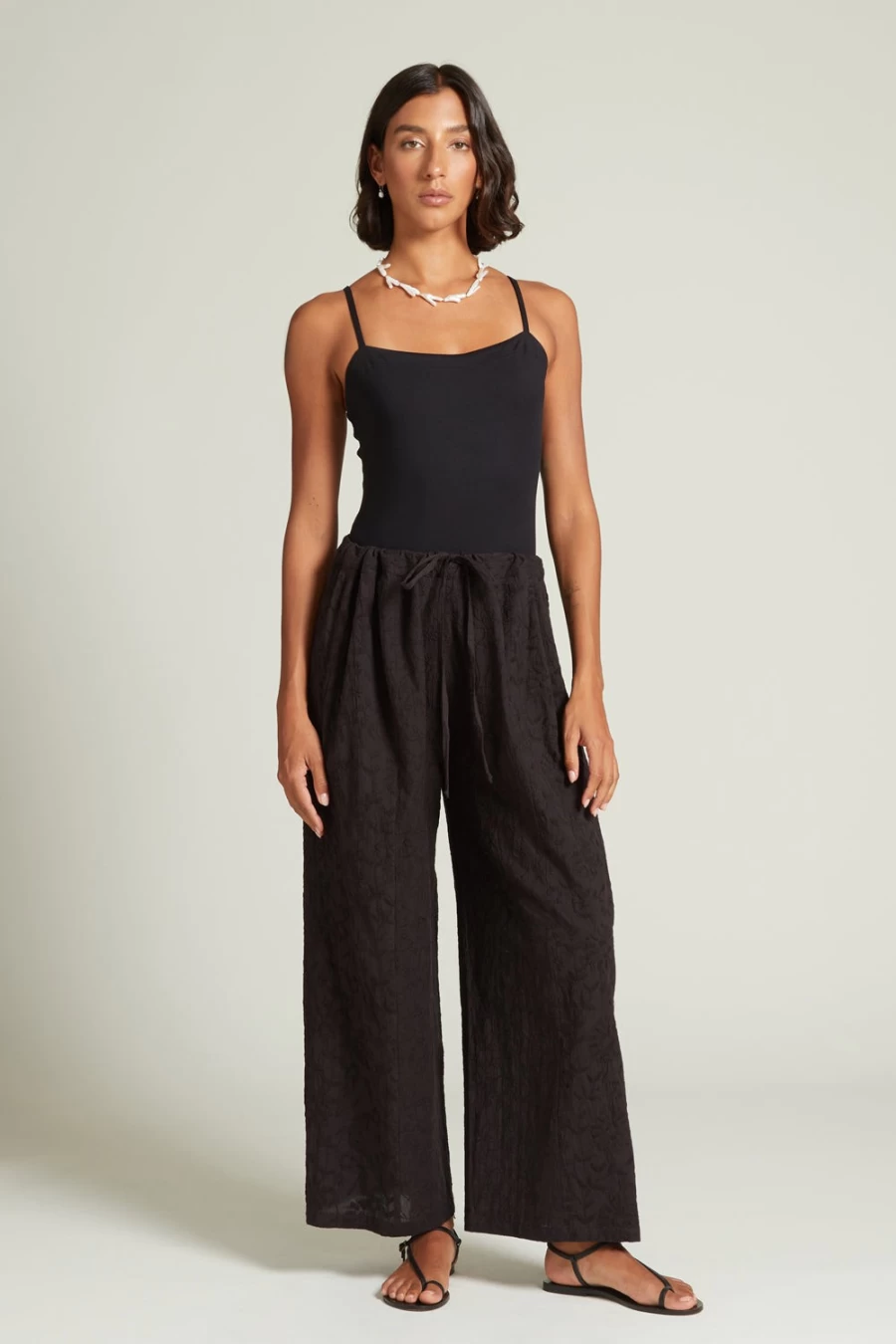 Chan Luu Women's Wisteria Embroidered Wide Leg Pants in Luxe Caviar Fabric