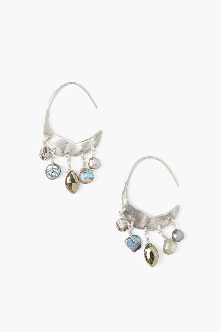 Chan Luu Women's Petite Silver Hoop Earrings with Grey Pearls and Labradorite Gemstones