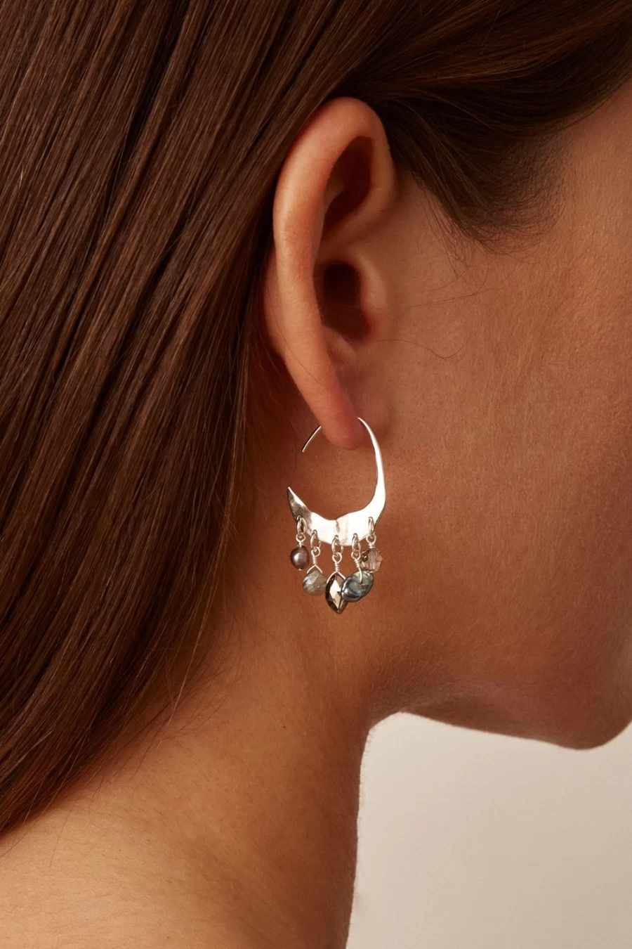 Chan Luu Women's Petite Silver Hoop Earrings with Grey Pearls and Labradorite Gemstones