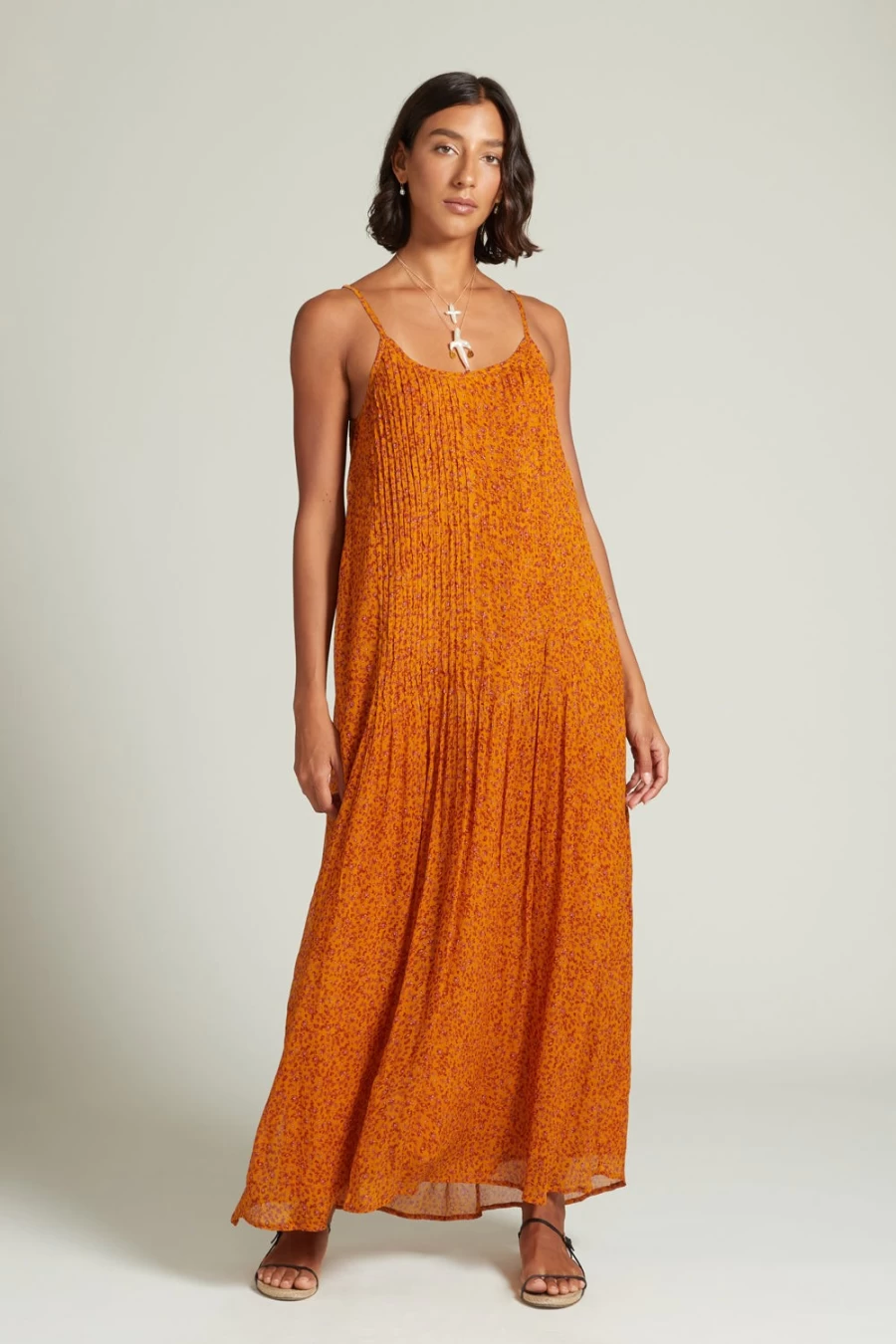 Chan Luu Women's Emma Pleated Sundress - Paisley Print, Chai Tea Color, Boho Summer Dress
