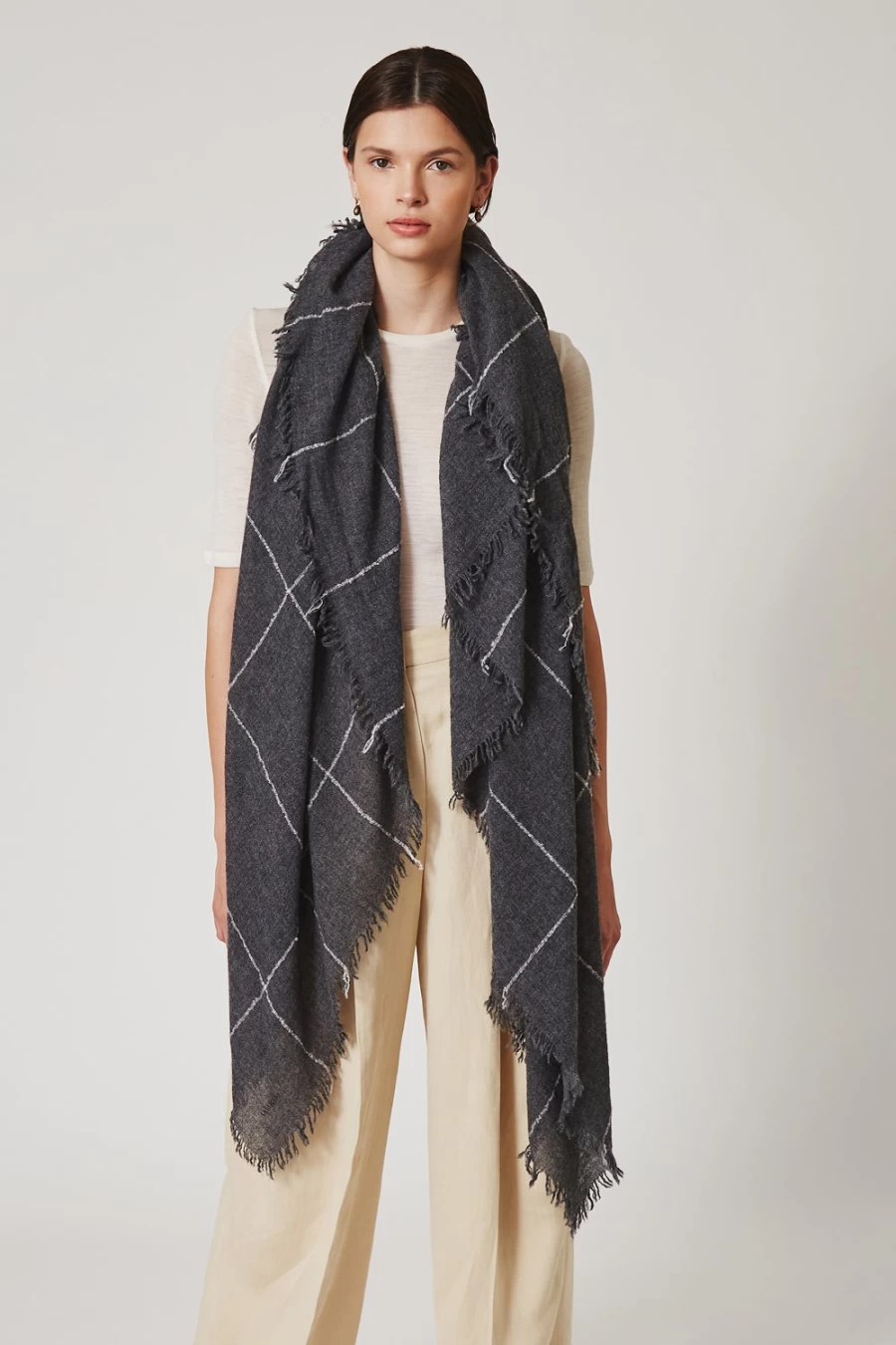"Chan Luu Women's Charcoal Windowpane Cashmere Scarf - Soft Luxury Wrap"