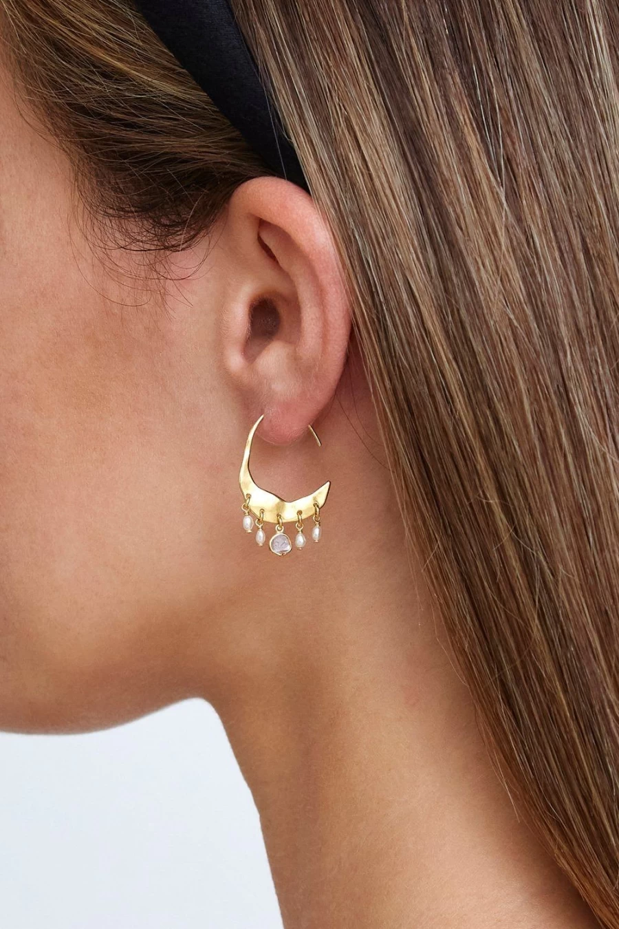 "Chan Luu Petite Crescent Hoop Earrings for Women - White Pearl & Diamond Accents in Gold"