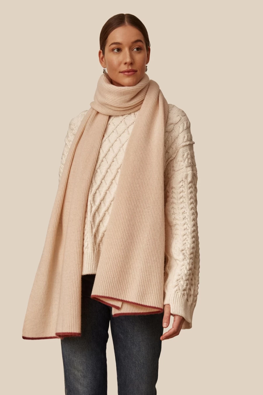 "Chan Luu Women's Vanilla & Plum Striped Cashmere Wool Scarf - Ribbed Knit Winter Wrap"