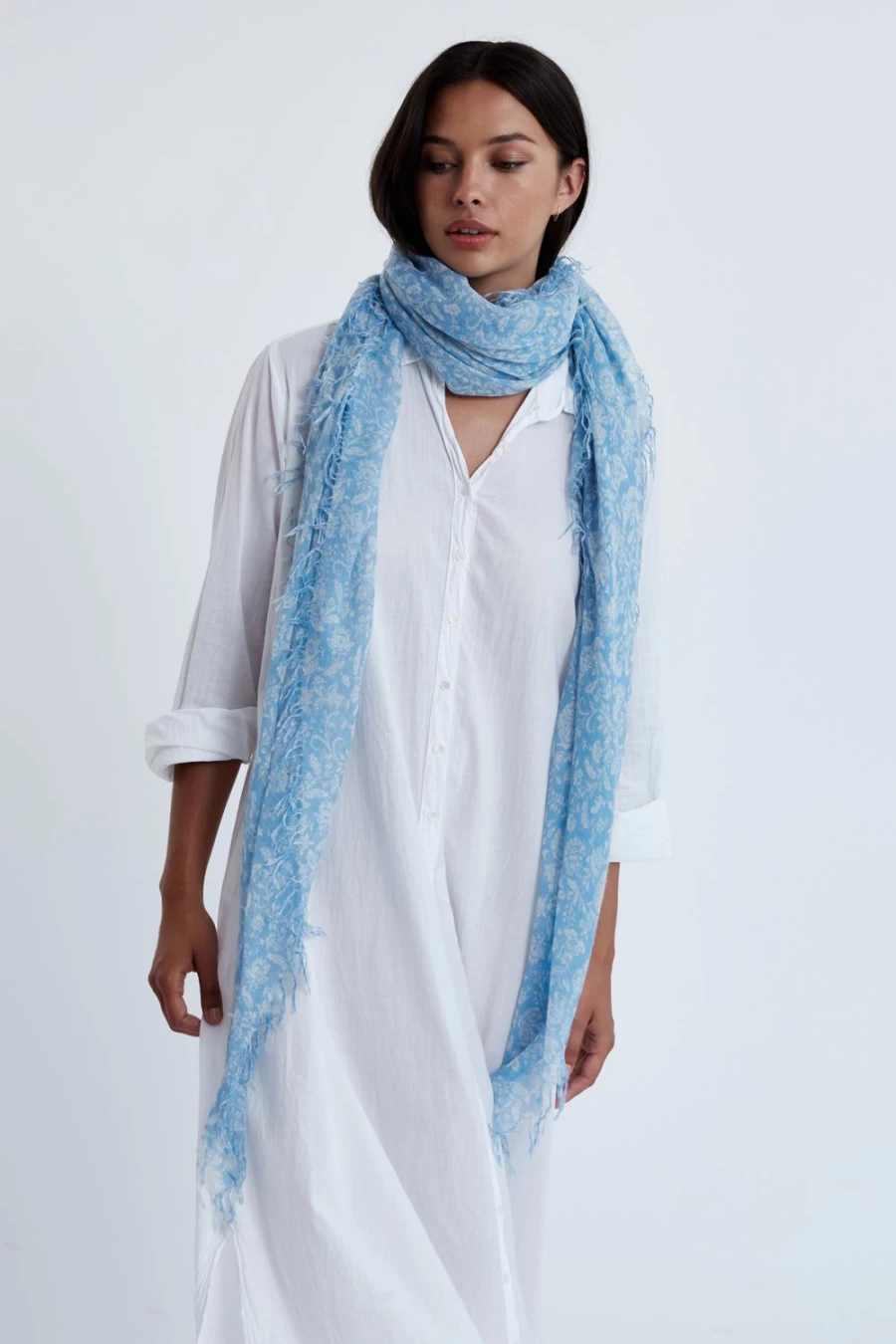 "Chan Luu Women's Baby Blue Dahlia Floral Cashmere Silk Scarf – Luxurious Wrap"