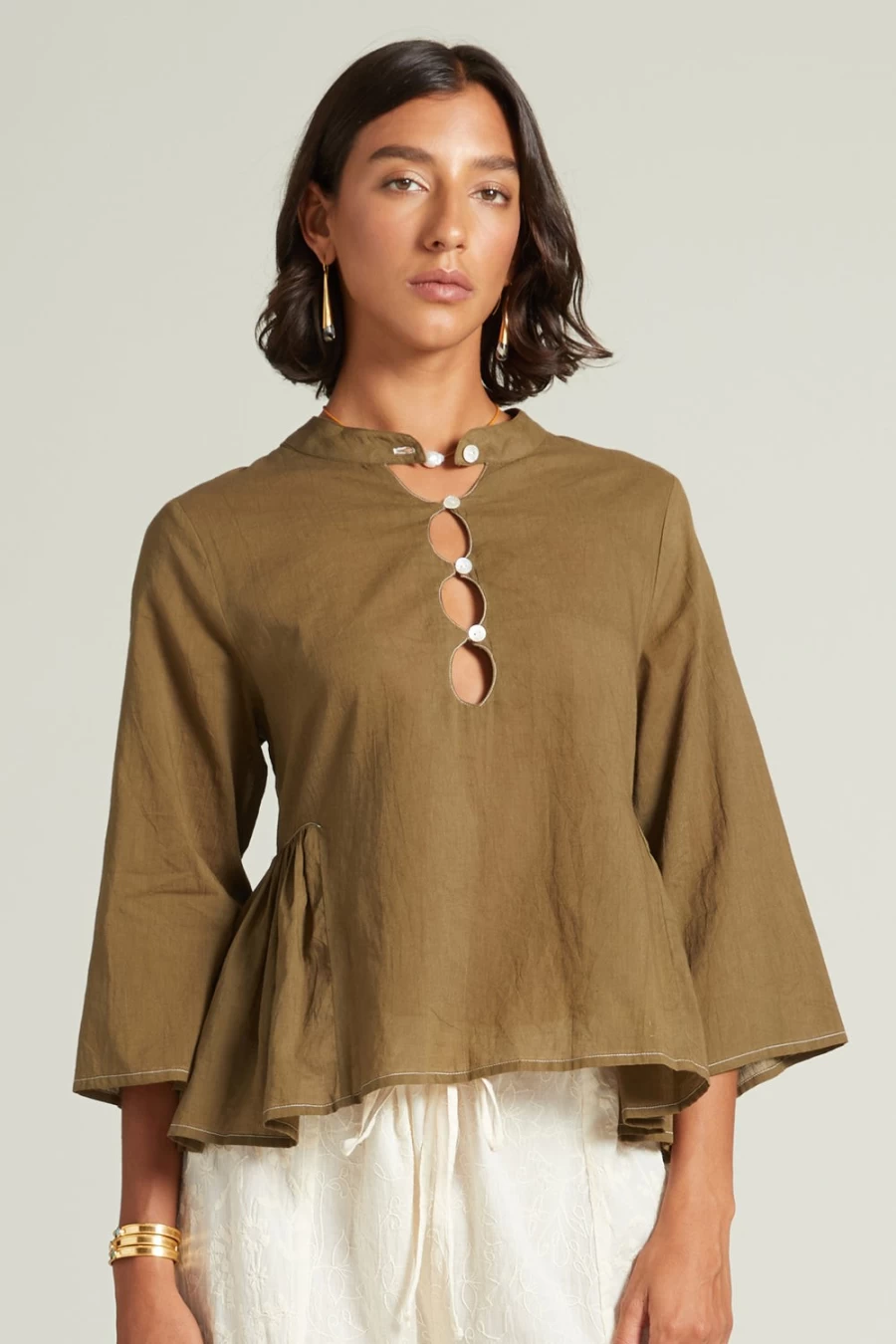 Chan Luu Women's Anokhi Keyhole Blouse in Dark Olive - Boho Chic Top