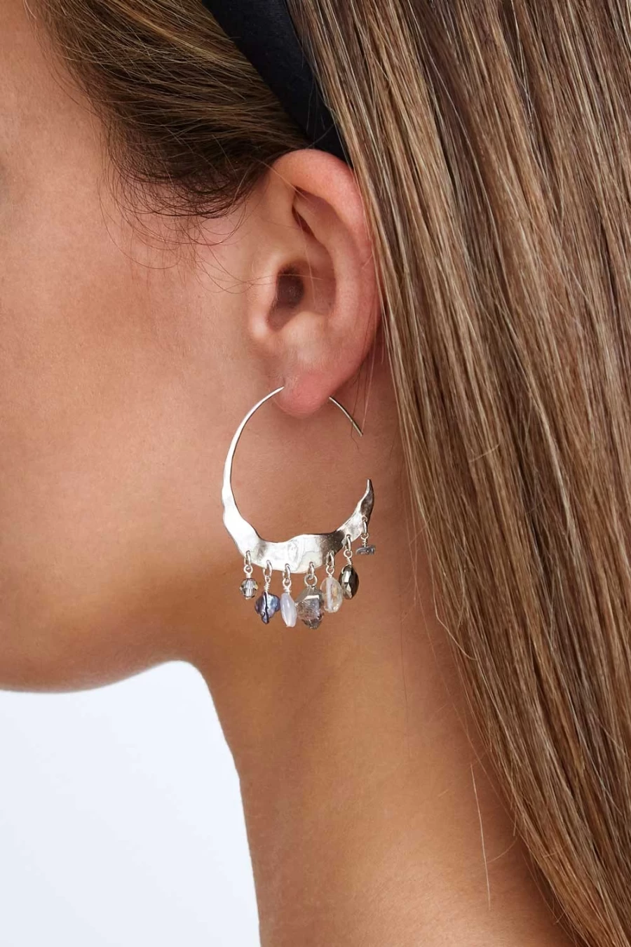 Chan Luu Women's Crescent Grey Pearl & Herkimer Diamond Silver Hoop Earrings