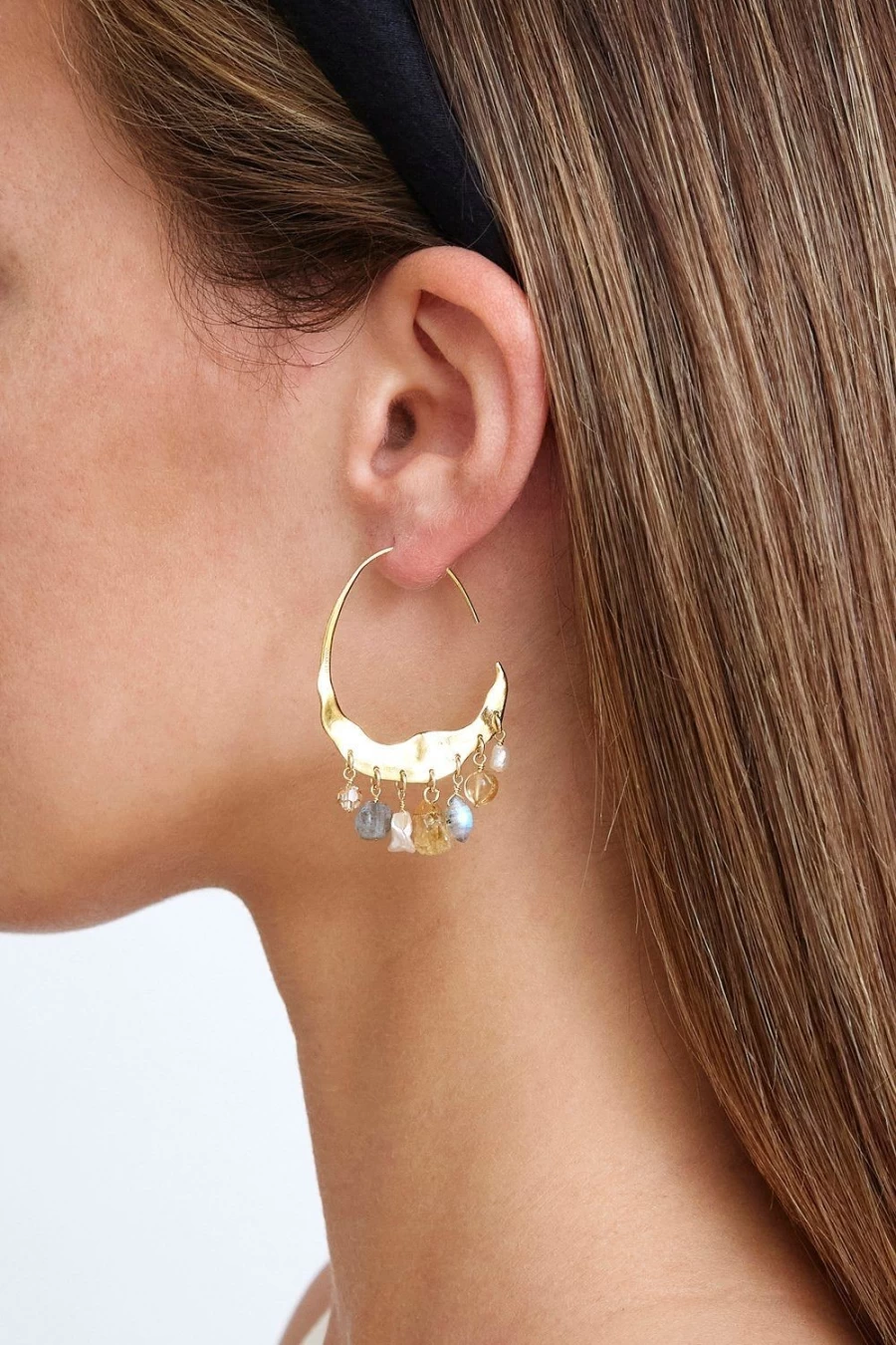 "Chan Luu Women's Gold Hoop Earrings with Cream Pearl and Citrine Gemstones"