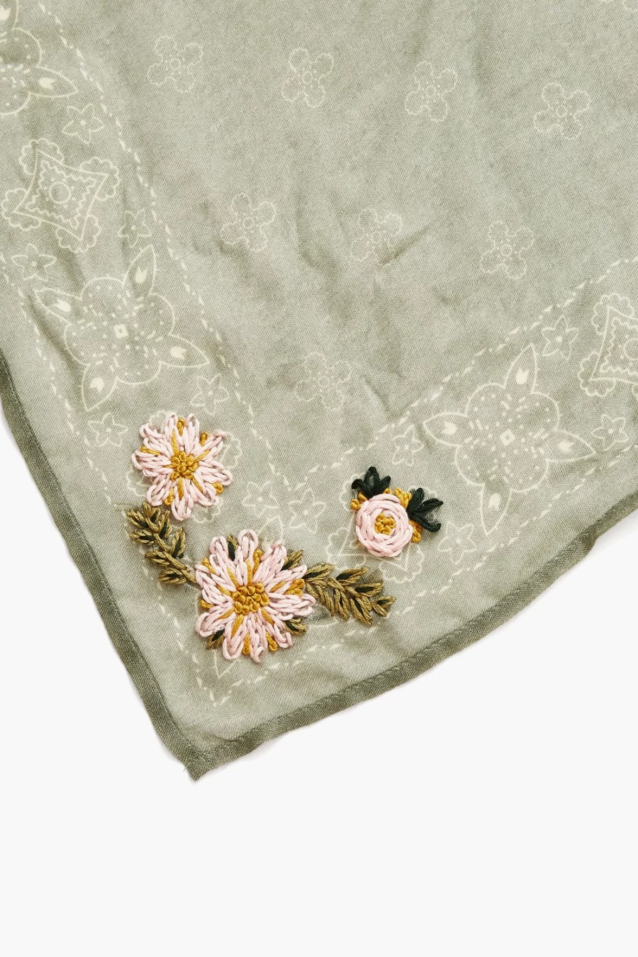 Chan Luu Women's Sage Green Embroidered Floral Bandana Scarf